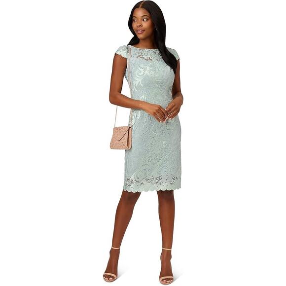 Adrianna Papell Mint Green Lace Overlay Keyhole Back Sheath Dress Size 4 - Picture 8 of 15